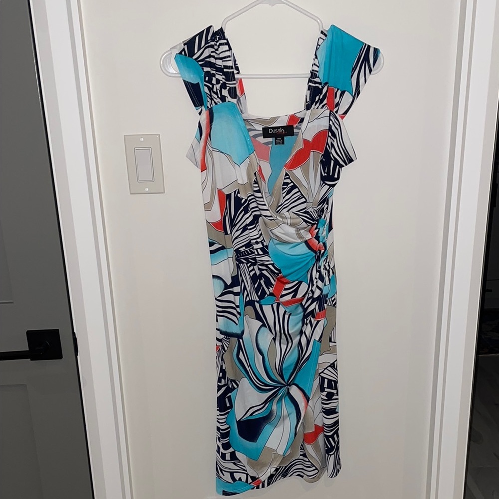 Elegant Abstract Midi Dress in Blue and Red
